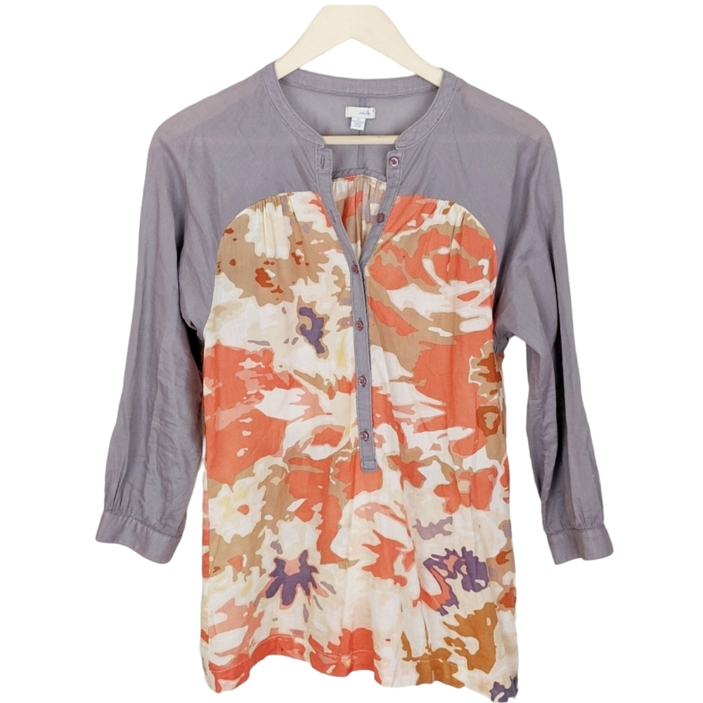 Anthropologie Odille Floral Camo Orange Cotton Half Button Down Shirt Size 0